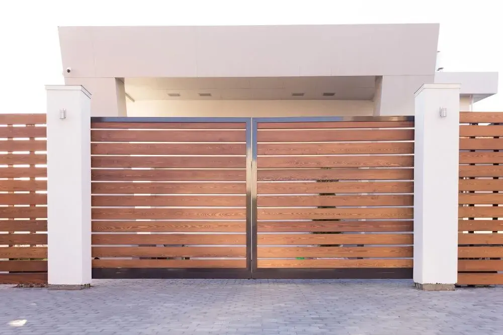 Wood-clad residential driveway gate in Marin County