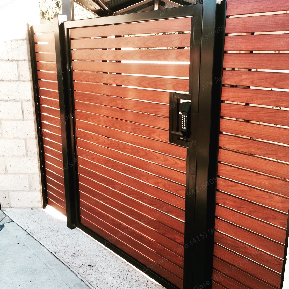 Wood-look aluminum walk gate with keypad lock